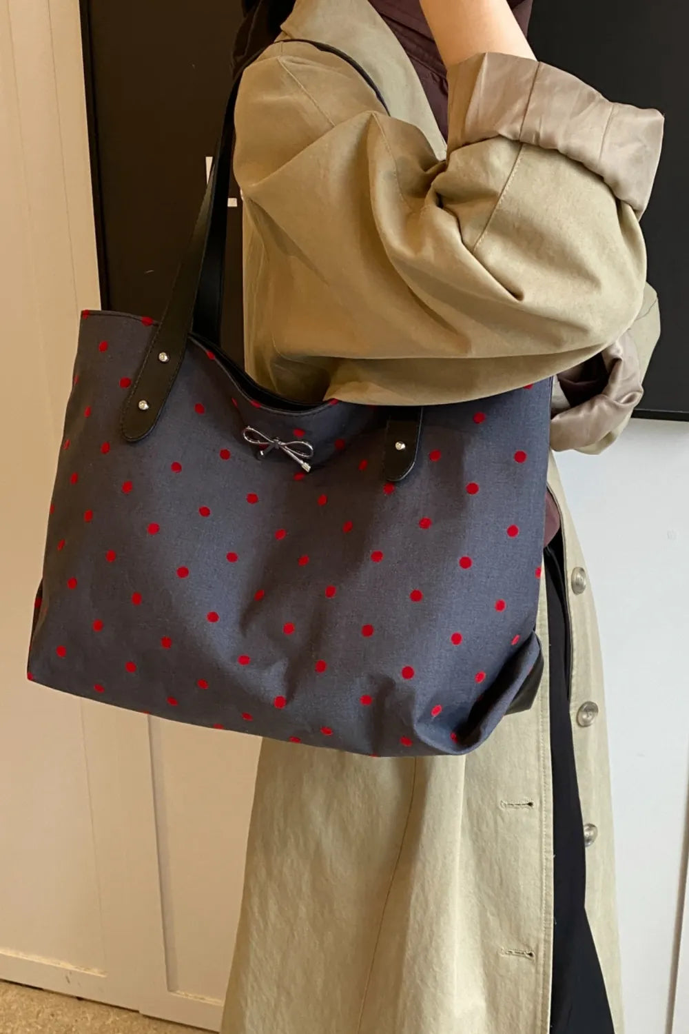 Polyester Bow Polka Dot Tote Bag - Tote Bag by Trendsi | Available at Handbags Specialist Headquarter