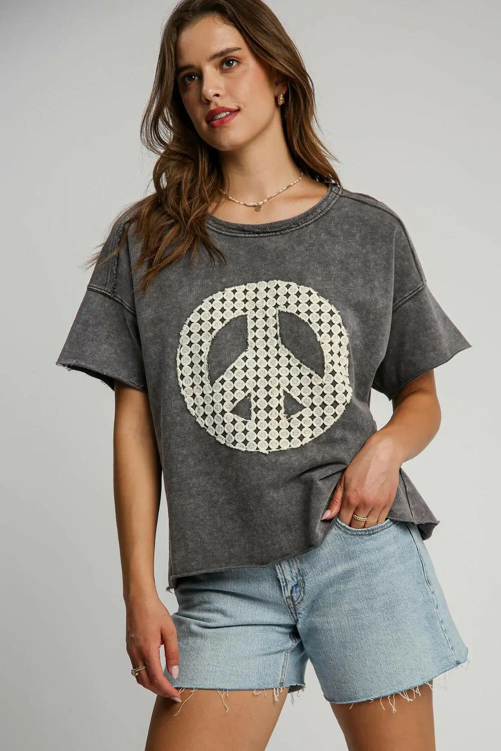 Umgee Full Size Mineral Wash T-Shirt with Lace Applique Plus Size - Dresses by Trendsi | Available at Handbags Specialist Headquarter