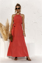Halter Neck Tie Waist Tiered Maxi Dress - Maxi Dress by Trendsi | Available at Handbags Specialist Headquarter