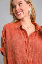 Umgee Full Size Cotton Gauze Mineral Wash Button Down Shirt Plus Size - Dresses by Trendsi | Available at Handbags Specialist Headquarter