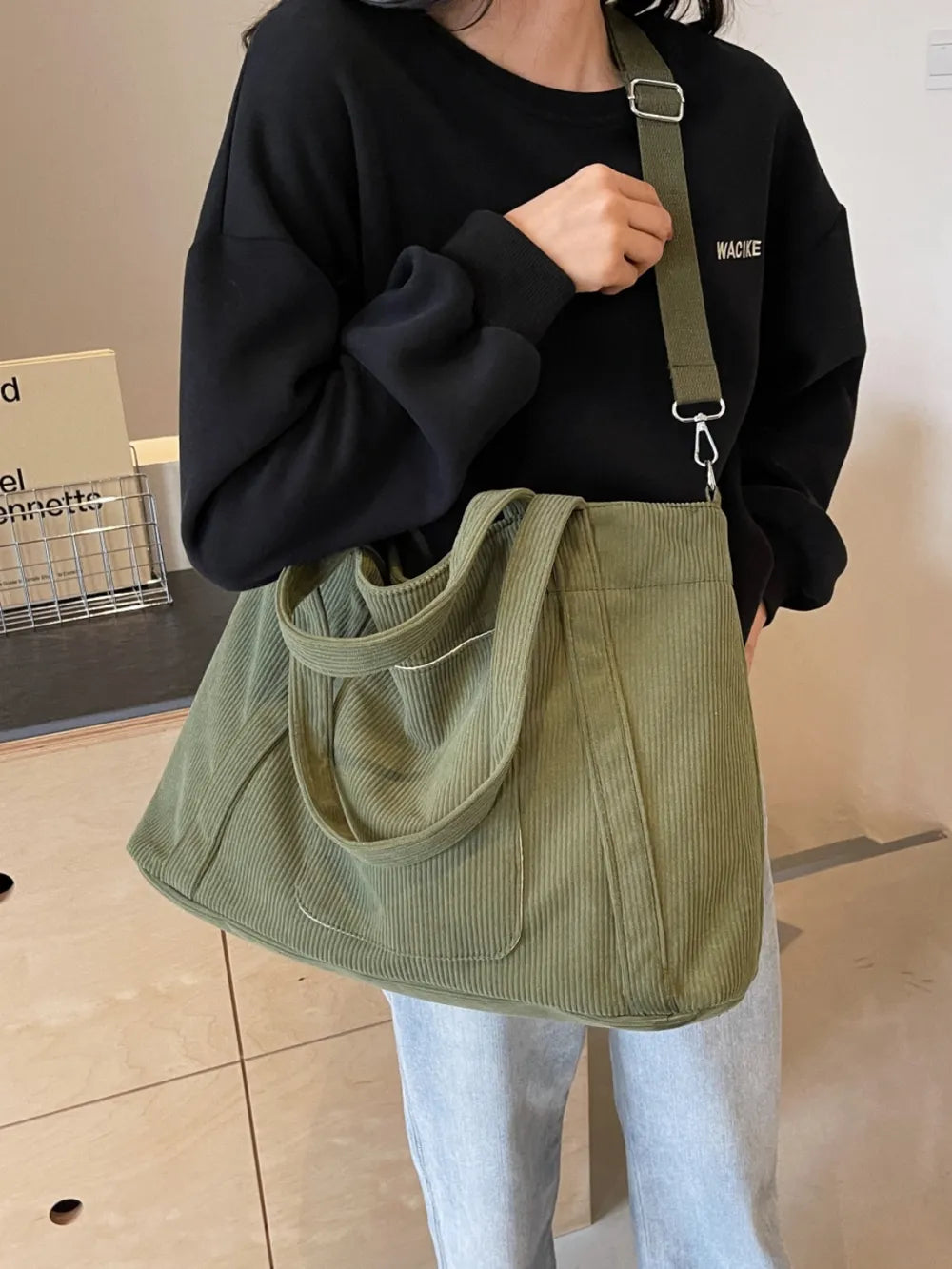 Corduroy Solid Large Tote Bag - Tote Bag by Trendsi | Available at Handbags Specialist Headquarter