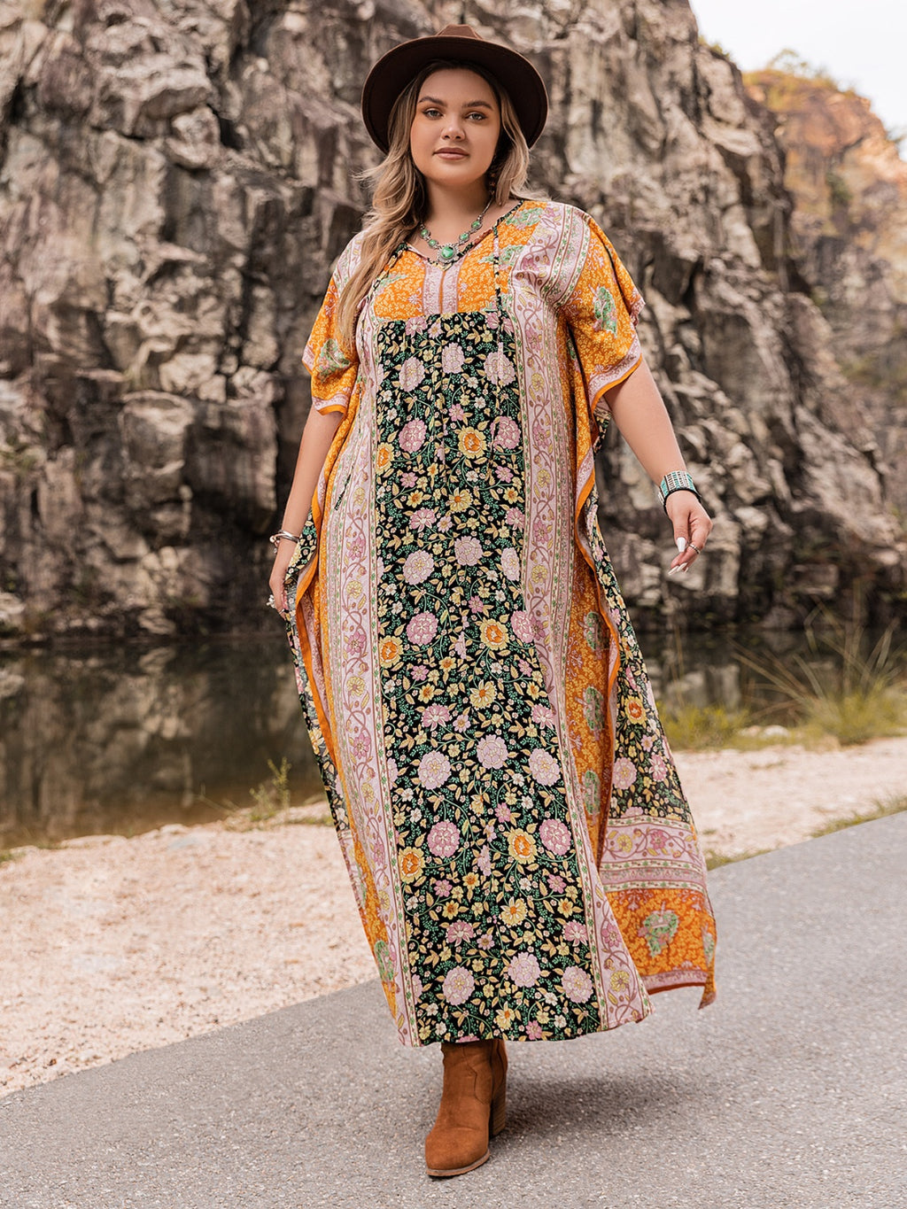 Plus Size Tie Neck Maxi Dress - Dresses by Trendsi | Available at Handbags Specialist Headquarter