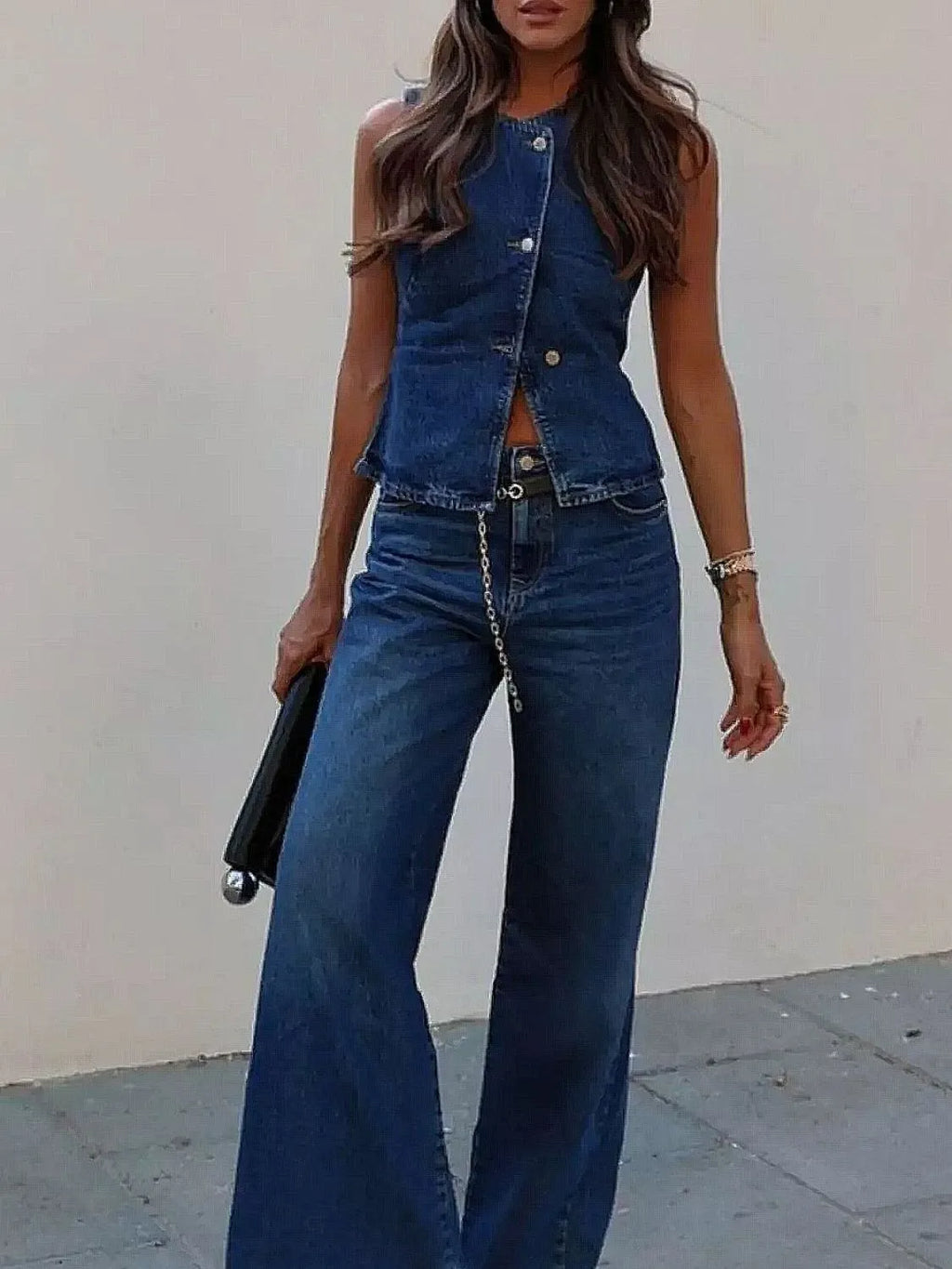 Button Down Vest and Flare Jeans Denim Set - Women / Jeans & Denim by Trendsi | Available at Handbags Specialist Headquarter