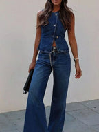 Button Down Vest and Flare Jeans Denim Set - Women / Jeans & Denim by Trendsi | Available at Handbags Specialist Headquarter