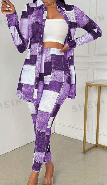 Chic Denim Duo: Knit Collar Top & Pants Set