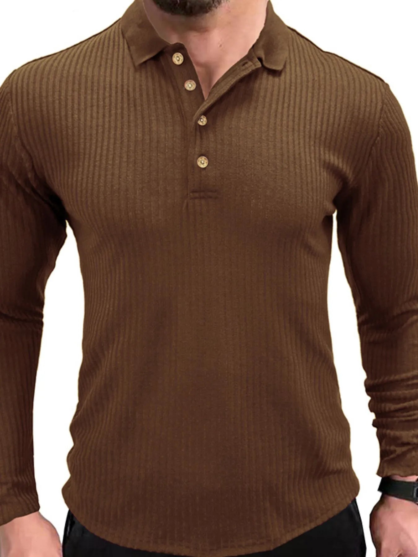 Men's Ribbed Knit Long Sleeve Polo - Men's Polo shirt by Trendsi | Available at Handbags Specialist Headquarter