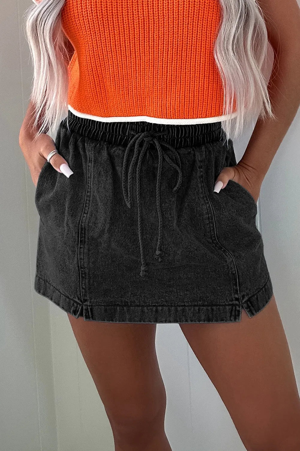 Drawstring High Waist Denim Shorts - Women / Jeans & Denim by Trendsi | Available at Handbags Specialist Headquarter