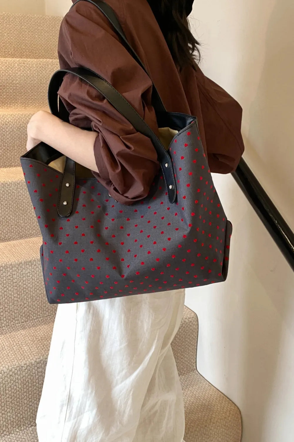 Polyester Bow Polka Dot Tote Bag - Tote Bag by Trendsi | Available at Handbags Specialist Headquarter