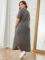 Plus Size Pocketed V-Neck Short Sleeve Lounge Dress - Sleepwear by Trendsi | Available at Handbags Specialist Headquarter