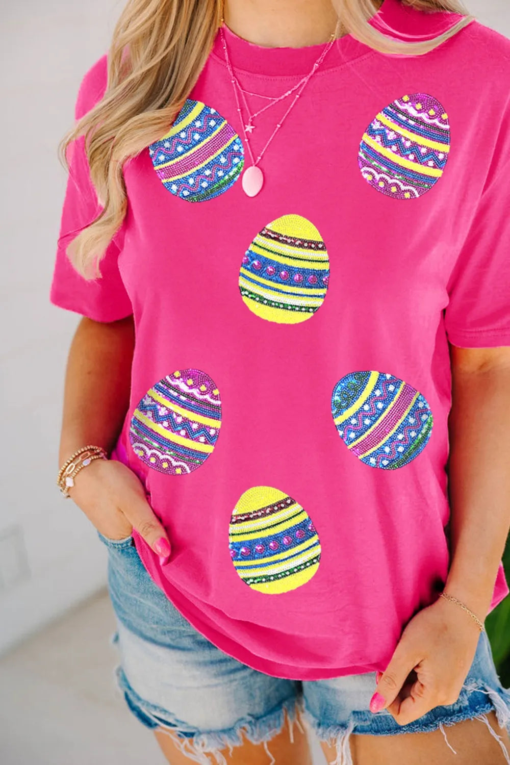 Sequin Easter Egg Short Sleeve T-Shirt - Tops by Trendsi | Available at Handbags Specialist Headquarter