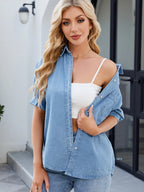 Button Up Short Sleeve Denim Shirt - Tops by Trendsi | Available at Handbags Specialist Headquarter