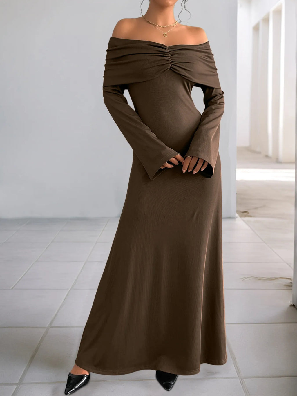 Off-Shoulder Long Sleeve Bodycon Maxi Dress - Maxi Dress by Trendsi | Available at Handbags Specialist Headquarter
