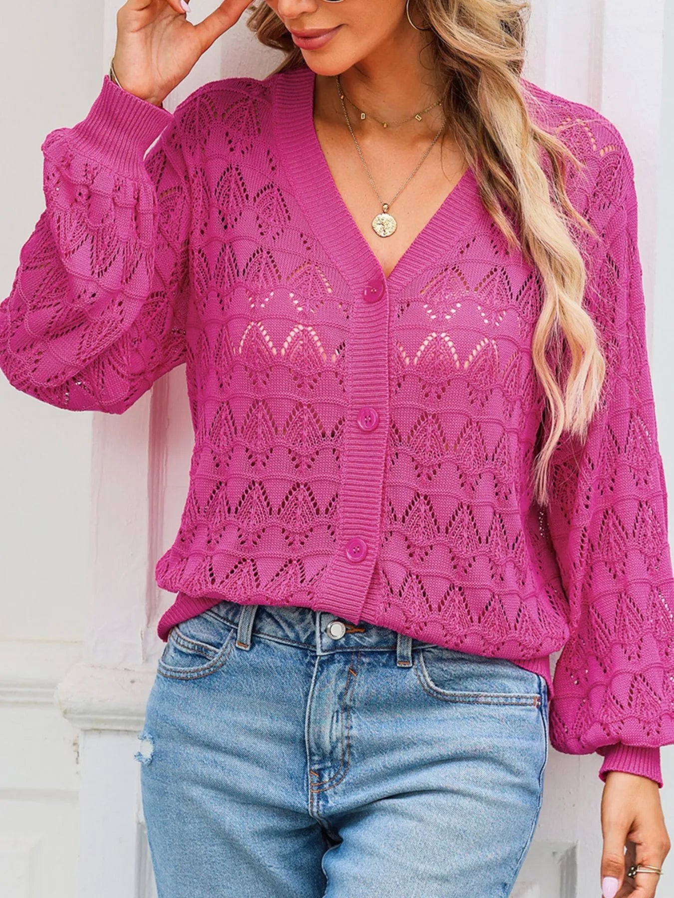 Buttoned Front Openwork Cardigan - Tops by Trendsi | Available at Handbags Specialist Headquarter