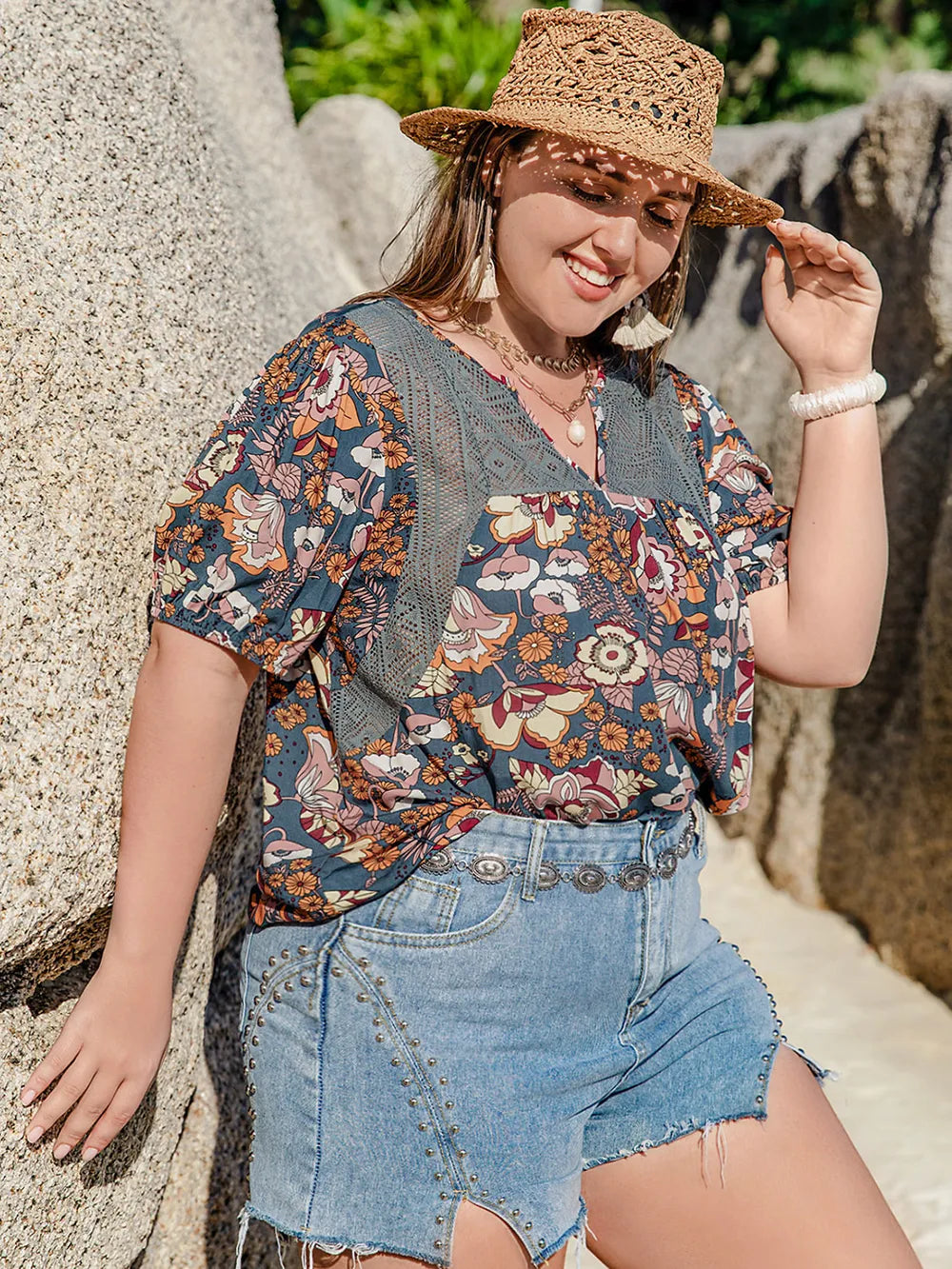 Plus Size Printed Notched Half Sleeve Blouse - Plus Size Shirts by Trendsi | Available at Handbags Specialist Headquarter