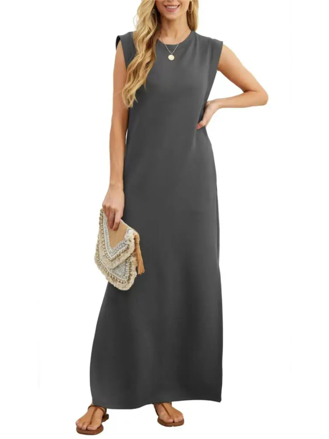 Full Size Slit Round Neck Sleeveless Maxi Tank Dress Plus Size - Women Plus Size by Trendsi | Available at Handbags Specialist Headquarter