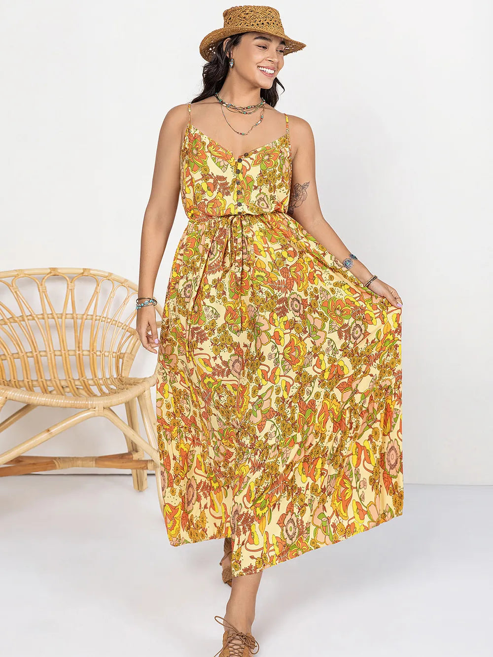 Plus Size Printed V-Neck Maxi Cami Dress - Dresses by Trendsi | Available at Handbags Specialist Headquarter