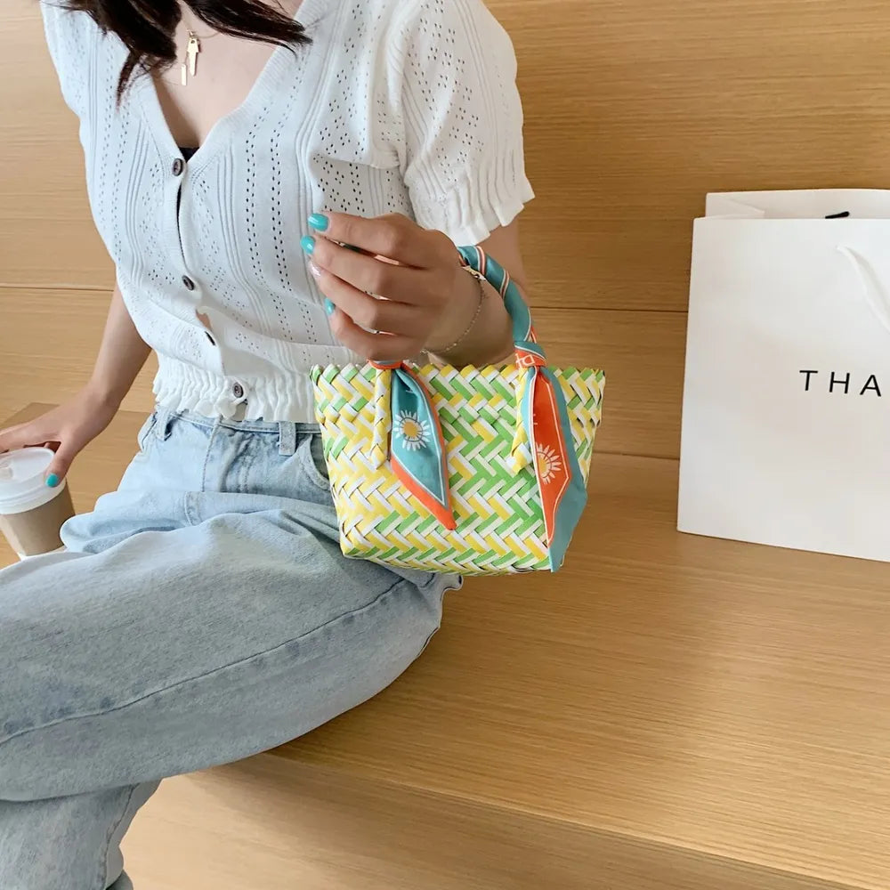 Contrast Woven Handbag with Ribbon - Tote Bag by Trendsi | Available at Handbags Specialist Headquarter