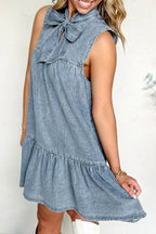 Tie Neck Sleeveless Denim Dress - Women / Jeans & Denim by Trendsi | Available at Handbags Specialist Headquarter