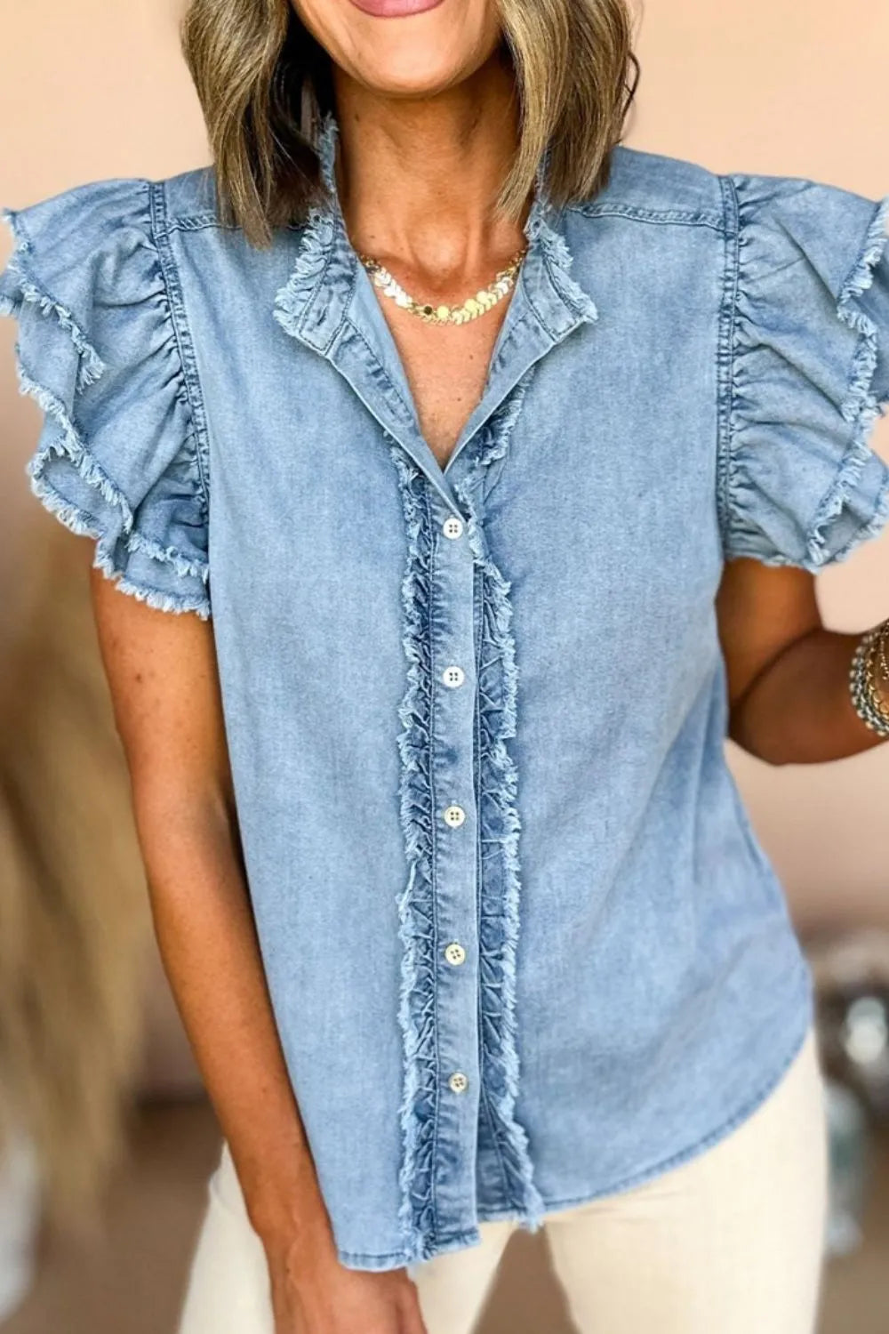 Button Down Raw Hem Ruffled Denim Shirt - Women / Jeans & Denim by Trendsi | Available at Handbags Specialist Headquarter