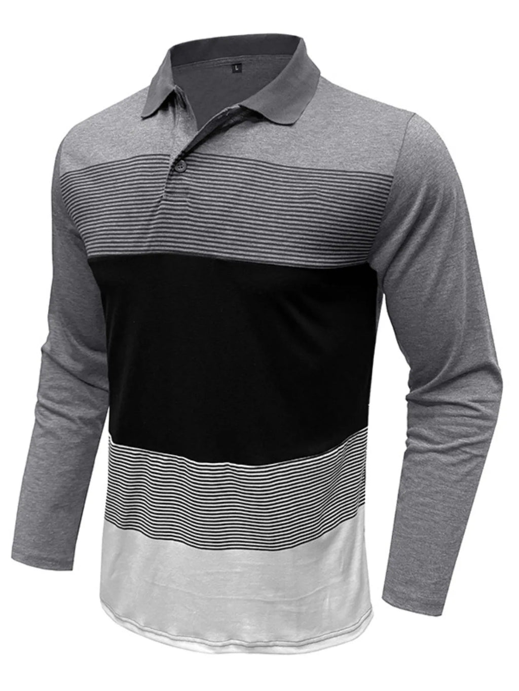 Men's Color Block Striped Long Sleeve Polo Shirt - Men's Polo shirt by Trendsi | Available at Handbags Specialist Headquarter