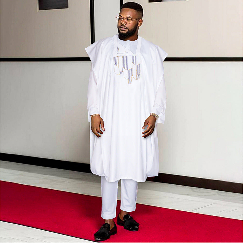 Matte Embroidered African Robe & Pants 3-Piece Set