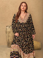 Plus Size Floral V-Neck Balloon Sleeve Dress - Dresses by Trendsi | Available at Handbags Specialist Headquarter
