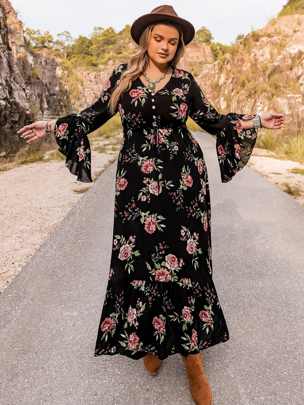 Plus Size Floral Flare Sleeve Dress - Dresses by Trendsi | Available at Handbags Specialist Headquarter