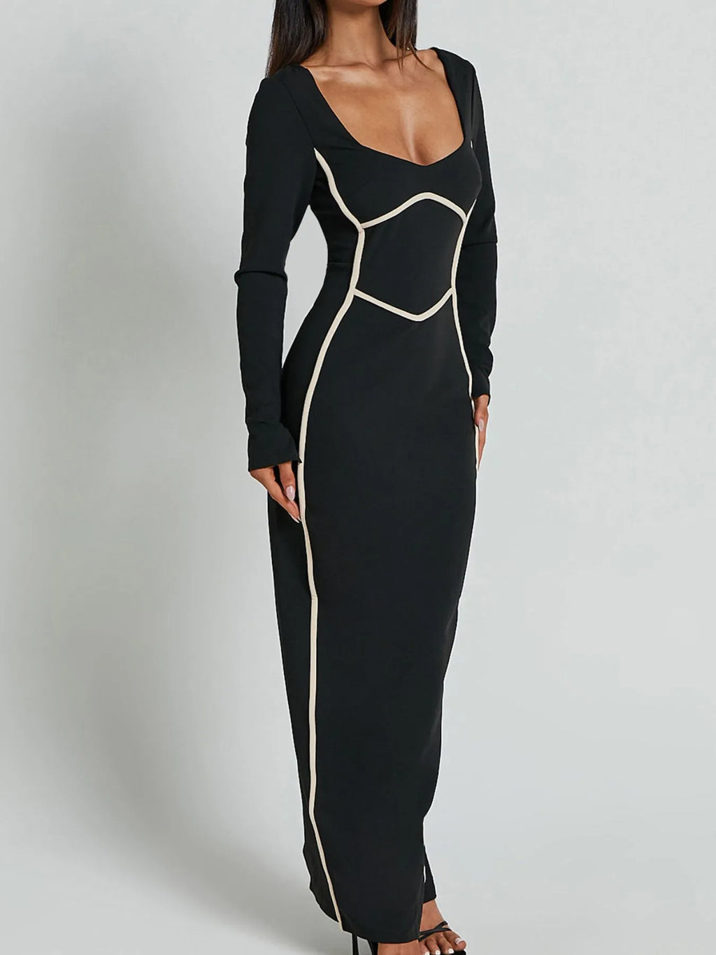 Contrast Trim Long Sleeve Bodycon Maxi Dress - Maxi Dress by Trendsi | Available at Handbags Specialist Headquarter