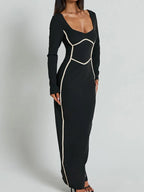Contrast Trim Long Sleeve Bodycon Maxi Dress - Maxi Dress by Trendsi | Available at Handbags Specialist Headquarter