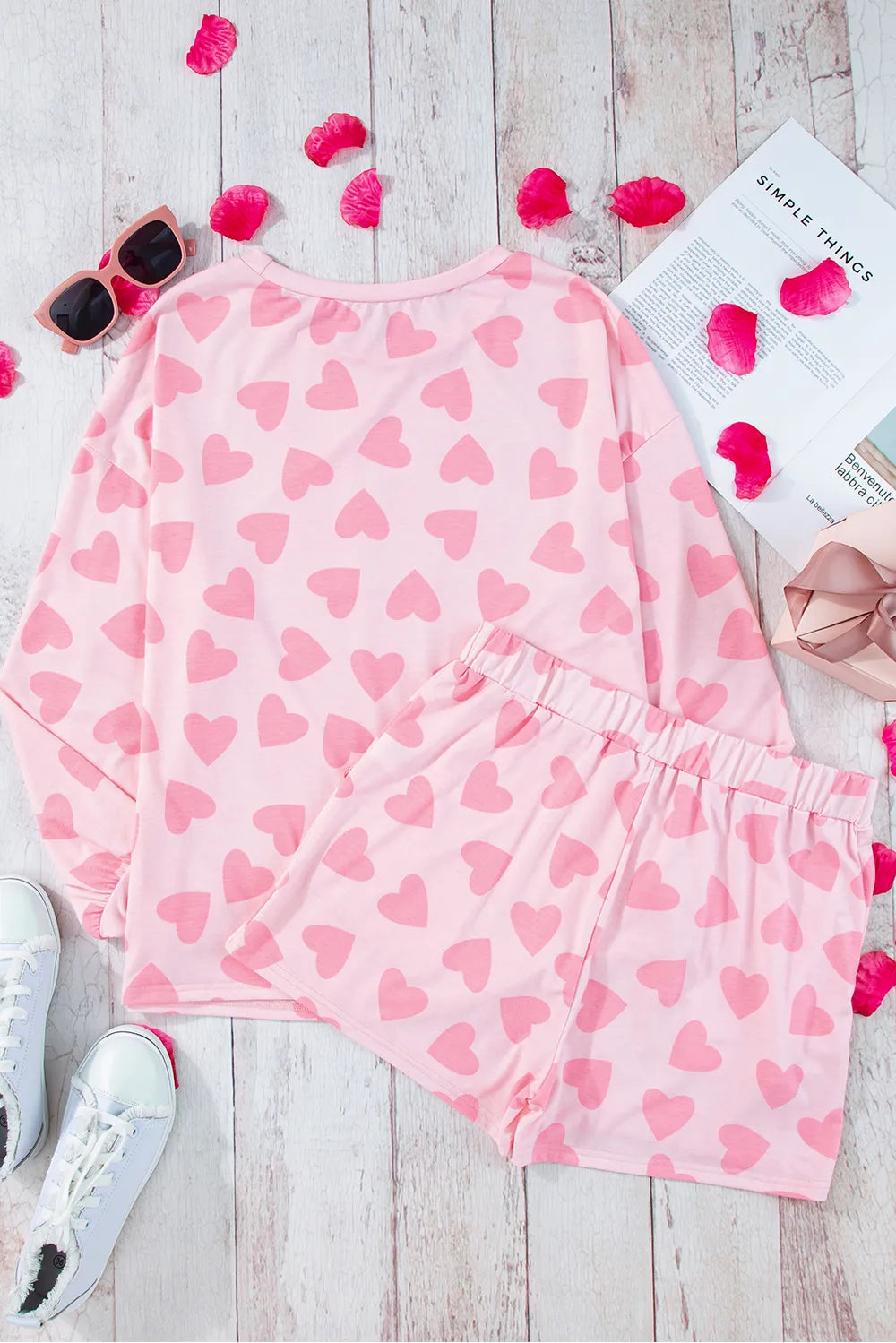 Heart Print Long Sleeve Top and Shorts Lounge Set - Sleepwear by Trendsi | Available at Handbags Specialist Headquarter