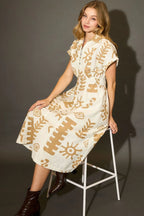 Umgee Full Size Abstract Print Elastic Waist Midi Dress Plus Size - Dresses by Trendsi | Available at Handbags Specialist Headquarter