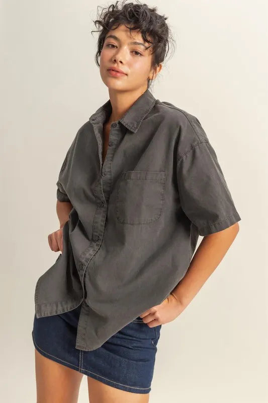 HYFVE Short Sleeve Button Down Oversized Shirt - Women's Down Shirt Tops by Trendsi | Available at Handbags Specialist Headquarter