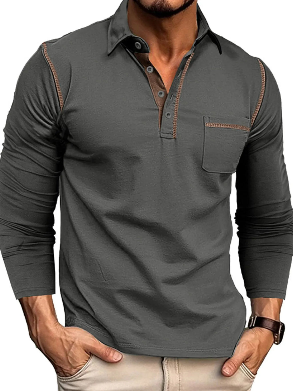 Men's Long Sleeve Polo Shirt with Contrast Stitching - Men's Polo shirt by Trendsi | Available at Handbags Specialist Headquarter
