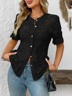 Button Down Half Sleeve Lace Shirt - Women's Down Shirt Tops by Trendsi | Available at Handbags Specialist Headquarter