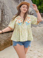 Plus Size Printed Tie Neck Half Sleeve Blouse - Plus Size Shirts by Trendsi | Available at Handbags Specialist Headquarter