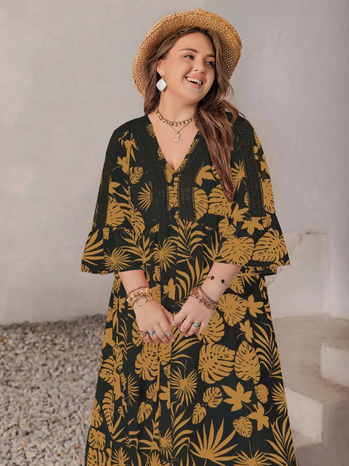 Plus Size Lace Detail Tropical Print Three-Quarter Sleeve Maxi Dress - Dresses by Trendsi | Available at Handbags Specialist Headquarter