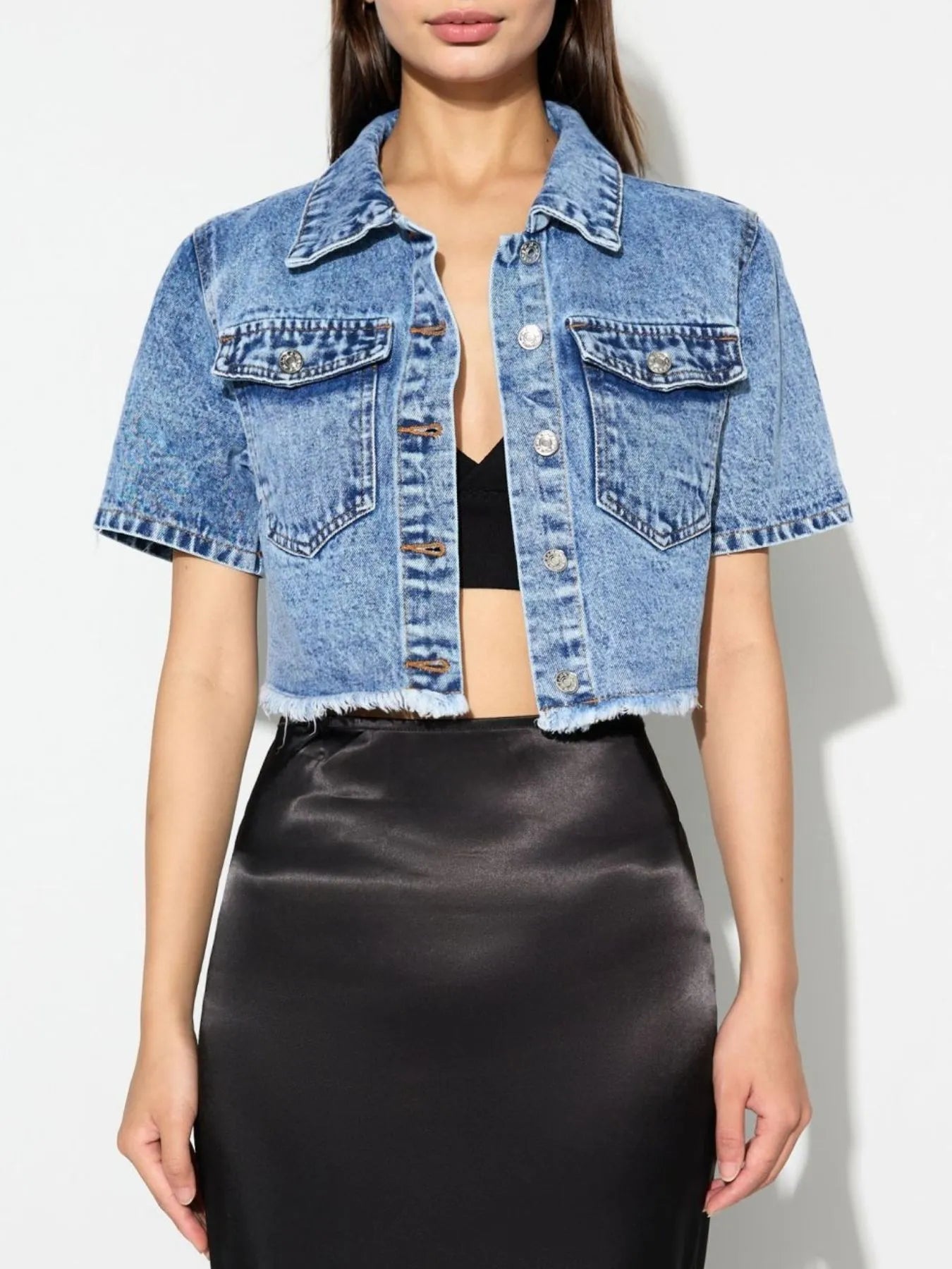Cropped Short Sleeve Denim Jacket with Frayed Hem - Women / Jeans & Denim by Trendsi | Available at Handbags Specialist Headquarter