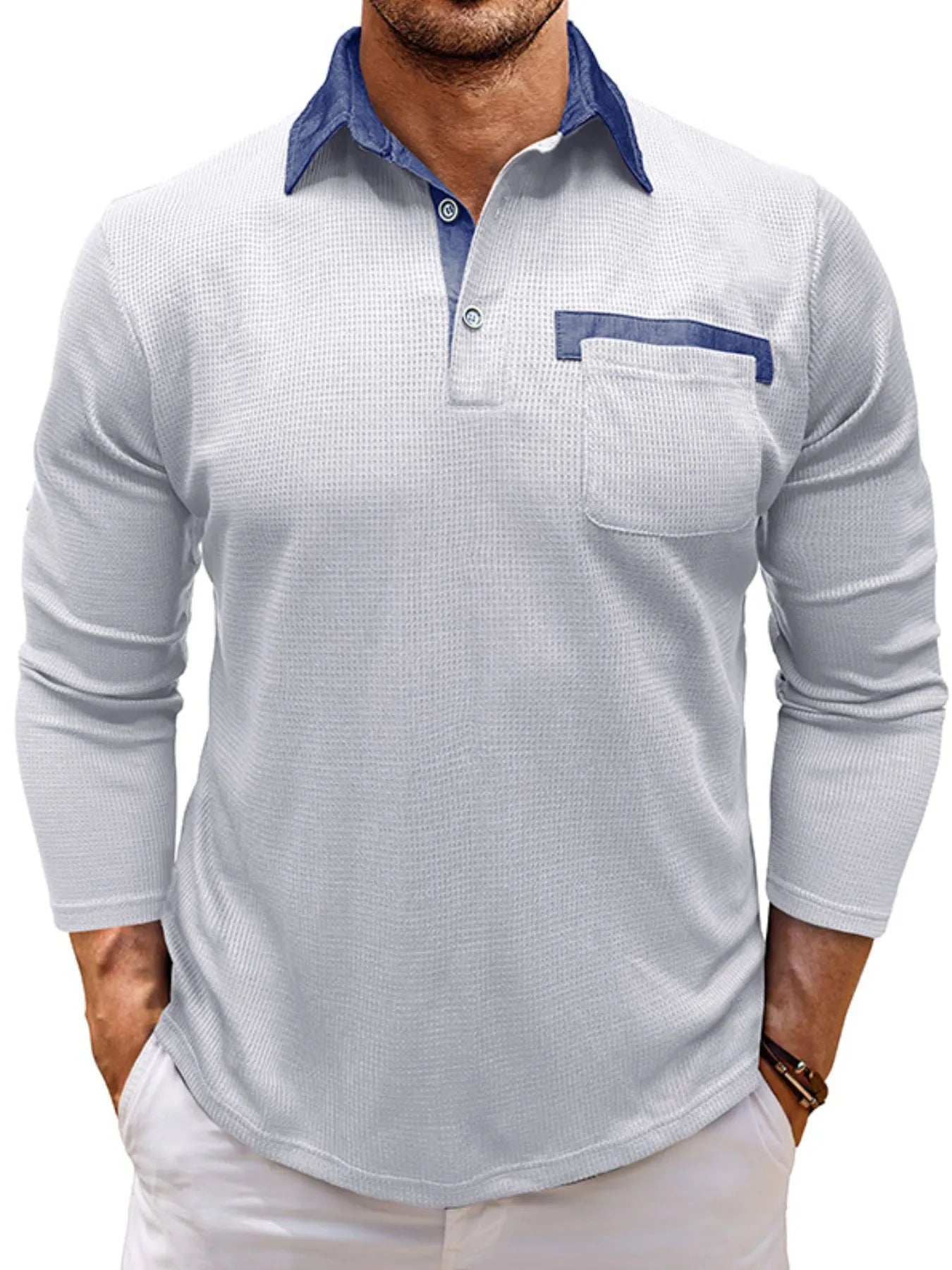 Men's Contrast Collar Long Sleeve Casual Polo Shirt - Men's Polo shirt by Trendsi | Available at Handbags Specialist Headquarter