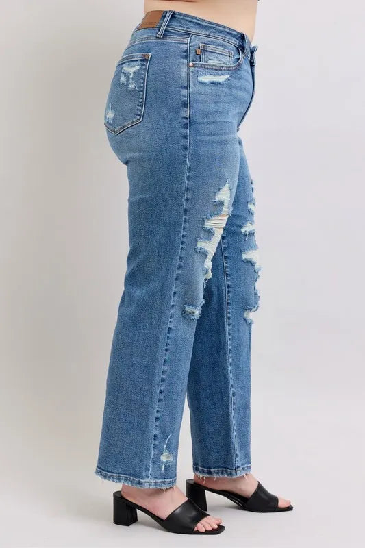Judy Blue Full Size High Waist Heavy Destroy Straight Jeans Plus Size - Women / Jeans & Denim by Trendsi | Available at Handbags Specialist Headquarter
