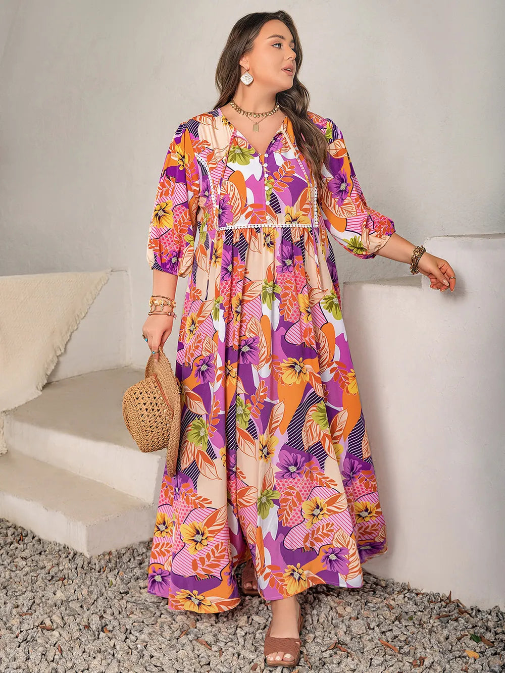Plus Size Printed Tie Neck Maxi Dress - Dresses by Trendsi | Available at Handbags Specialist Headquarter