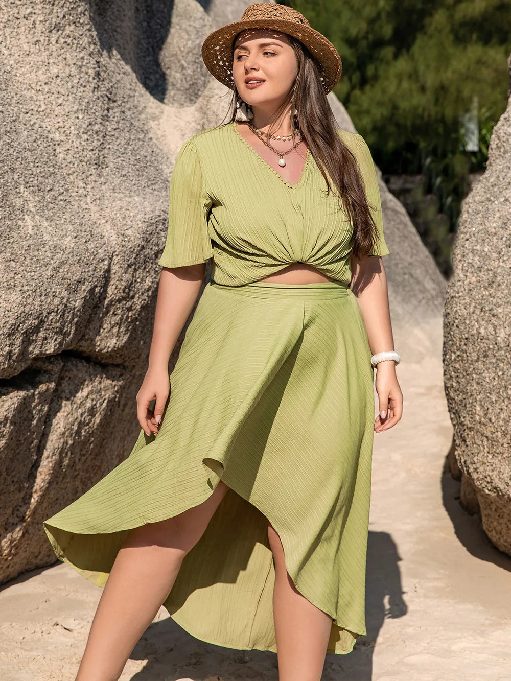 Plus Size V-Neck Half Sleeve Top and High-Low Skirt Set -  by Trendsi | Available at Handbags Specialist Headquarter