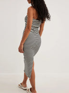 Slit Back Striped Strapless Bodycon Midi Dress - Maxi Dress by Trendsi | Available at Handbags Specialist Headquarter