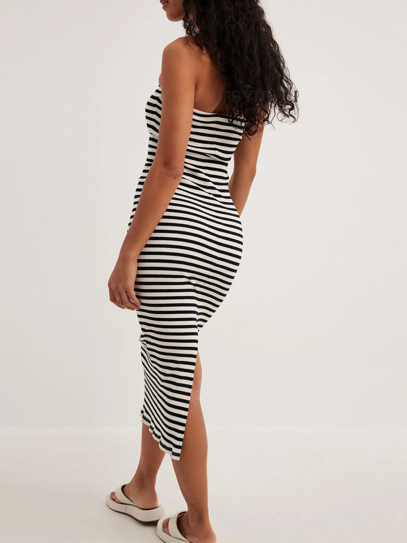 Slit Back Striped Strapless Bodycon Midi Dress - Maxi Dress by Trendsi | Available at Handbags Specialist Headquarter