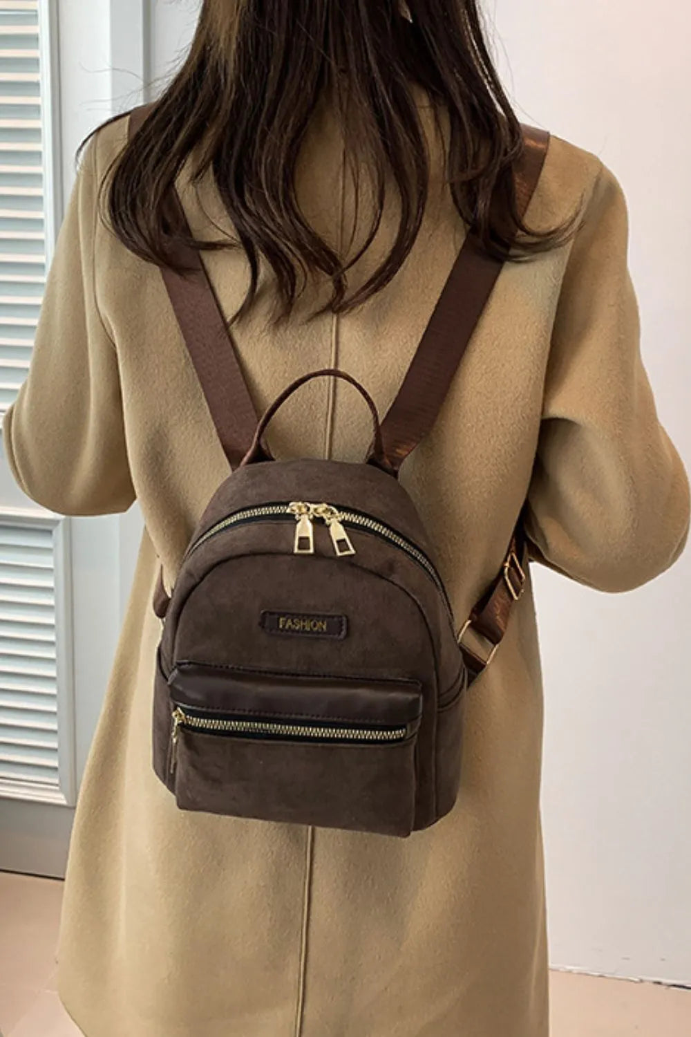 Suede Adjustable Strap Backpack Bag - Handbags by Trendsi | Available at Handbags Specialist Headquarter