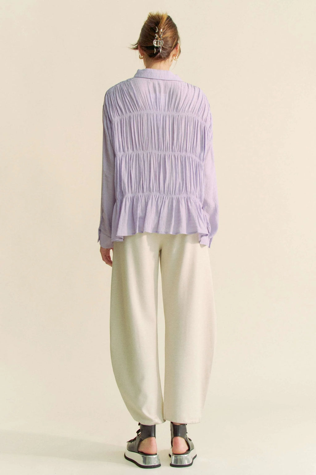 Davi & Dani Ruched All Over Button Front Shirt - Women / Jeans & Denim by Trendsi | Available at Handbags Specialist Headquarter