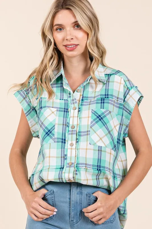 Mittoshop Mineral Wash Plaid Button Down Shirt - Women's Down Shirt Tops by Trendsi | Available at Handbags Specialist Headquarter