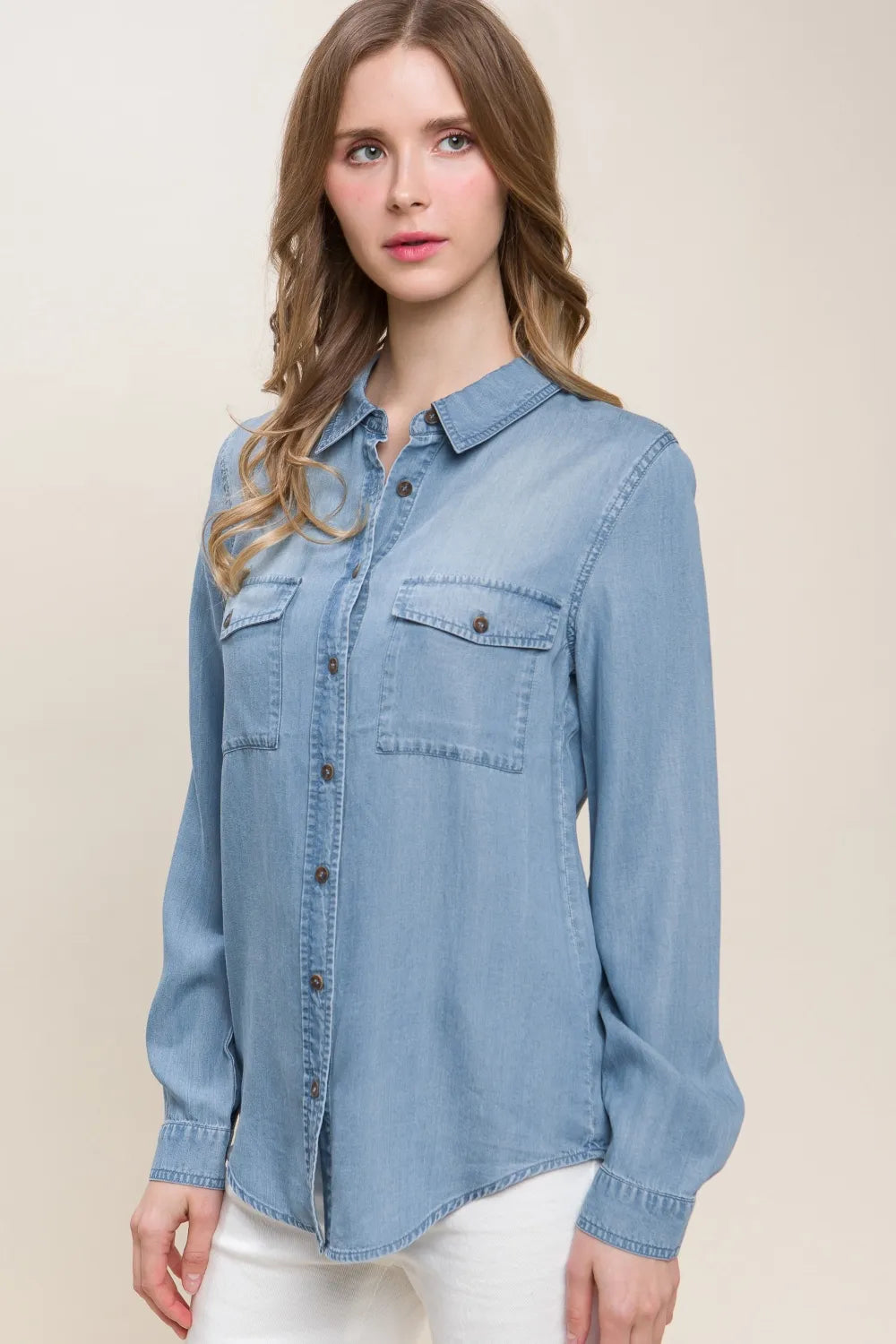 Love Tree Scooped Hem Button Up Denim Shirt - Women / Jeans & Denim by Trendsi | Available at Handbags Specialist Headquarter