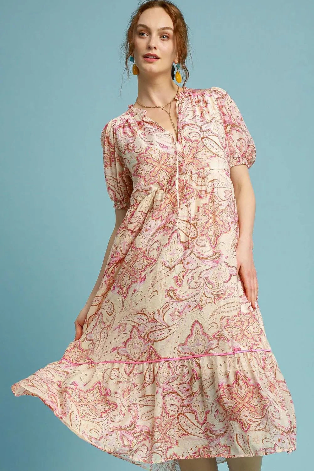 Umgee Full Size Printed Puff Short Sleeve Midi Dress Plus Size - Dresses by Trendsi | Available at Handbags Specialist Headquarter