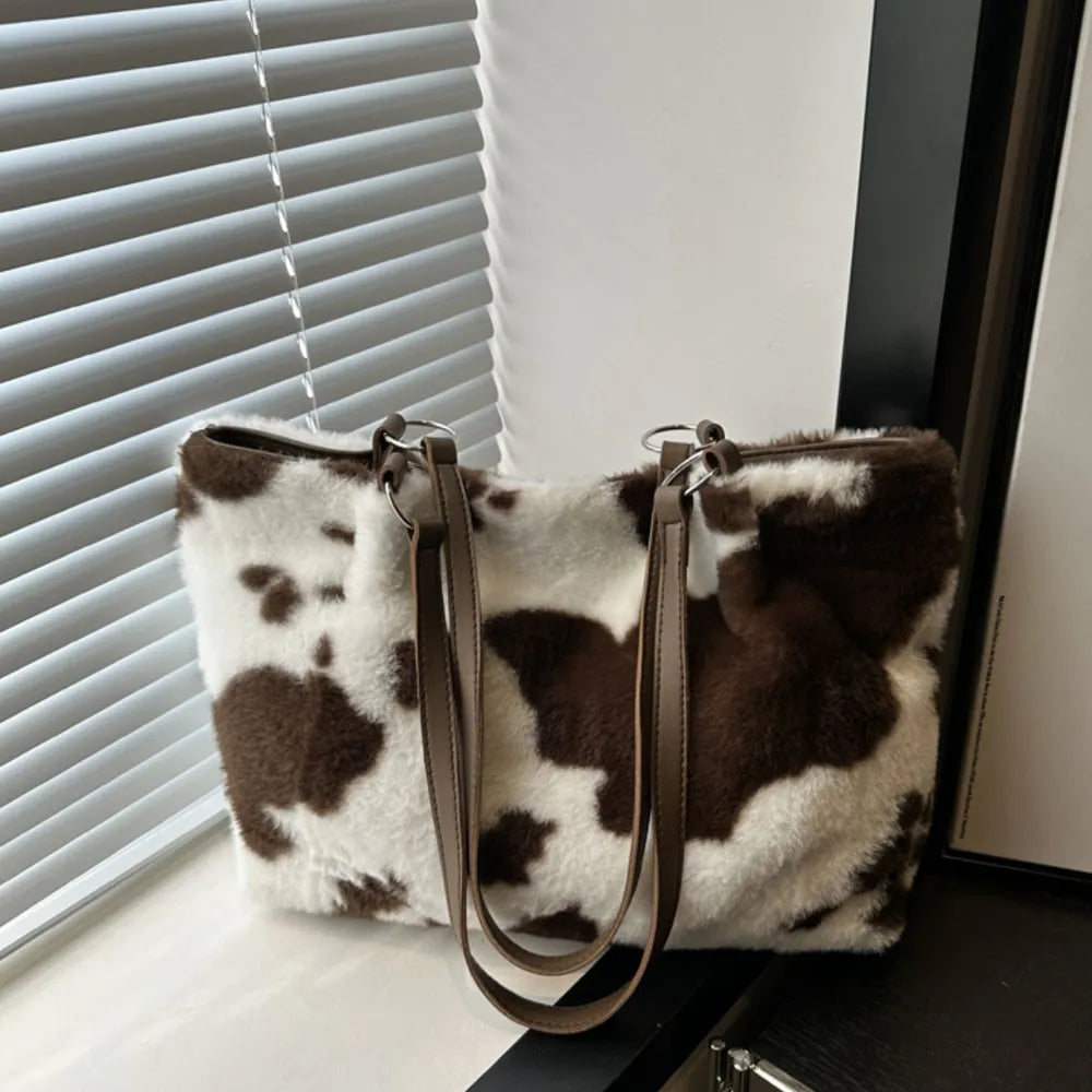 Cow Print Furry Tote Bag - Tote Bag by Trendsi | Available at Handbags Specialist Headquarter