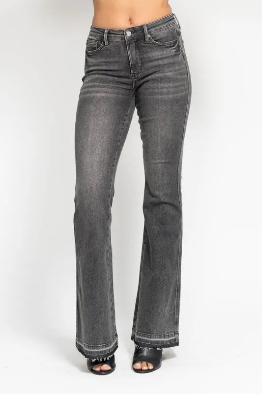 Judy Blue Full Size Mid Rise Tummy Control Washed Gray Release Hem Flare Jeans Plus Size - Women / Jeans & Denim by Trendsi | Available at Handbags Specialist Headquarter